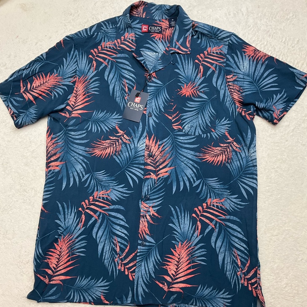NWT CHAPS Mens Sea Coast Wash Blue Red Leaf Tropical Button Down Shirt